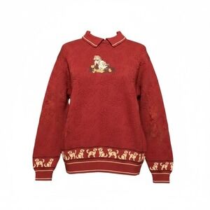 Vintage Le Mode Dog Sweater M Red Knit Ramie Cotton Puppy Embroidered Top 90s